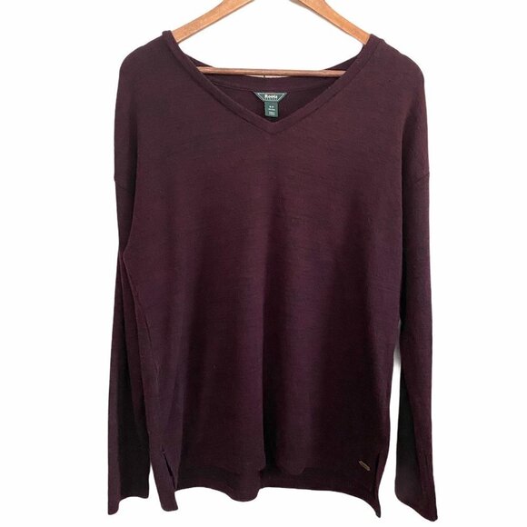 Roots Canada Heathered Purple Long Sleeve VNeck Side Slit Sweater Size Small - Picture 1 of 6